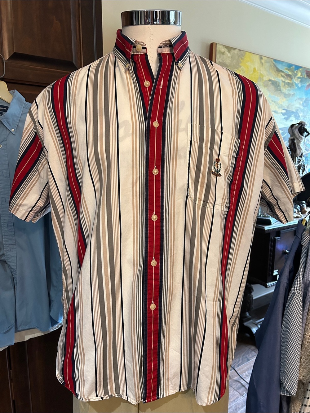 90’s Chaps Ralph Lauren Sz L Short Sleeve Button Down White Red Stripe